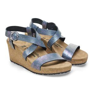 Birkenstock Shoes Papillio Sibyl Metallic Black Nubuck Leather Wedge Sandals